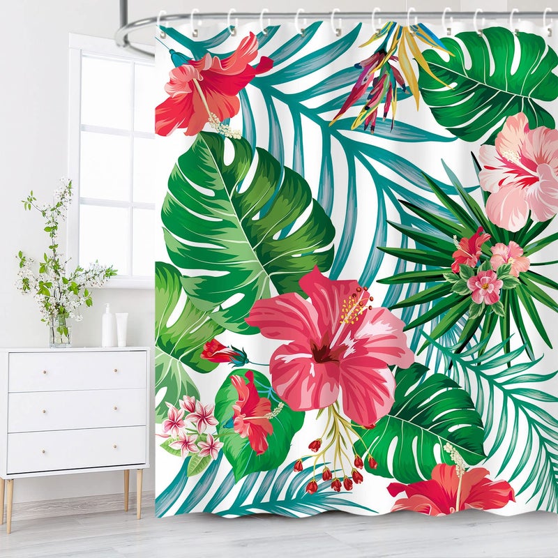 LIVILAN Floral Shower Curtain, Green Shower Curtain, Tropical Shower Curtains for Bathroom, Flower Shower Curtain, Botanical Shower Curtain Set with 12 Hooks, Plant Bathroom Decor, 72X72 inches - Image 1